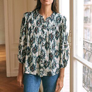 Intro Ikat Print Split Round Neck 3/4 Balloon Sleeve Women's Rayon Boho Top 2X